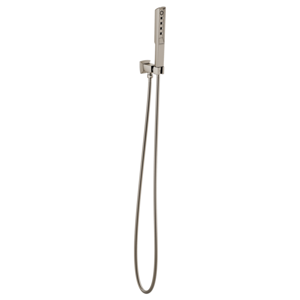 Chrome wall-mounted handshower with rectangular head, adjustable bracket, and flexible hose.