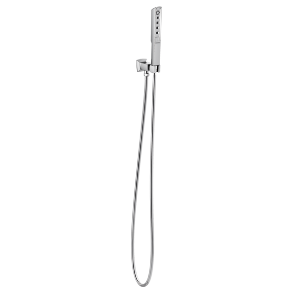 Chrome wall-mounted handshower with rectangular head, wall bracket, and flexible hose.
