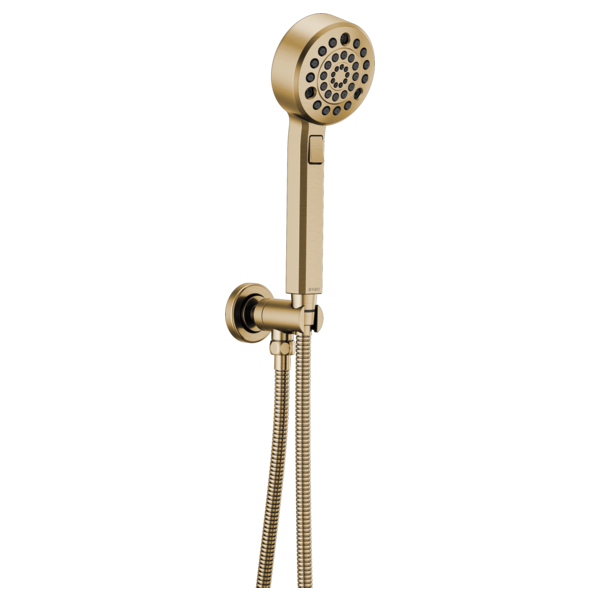 Champagne bronze wall-mount handshower with multi-function perforated head and flexible hose with wall bracket.