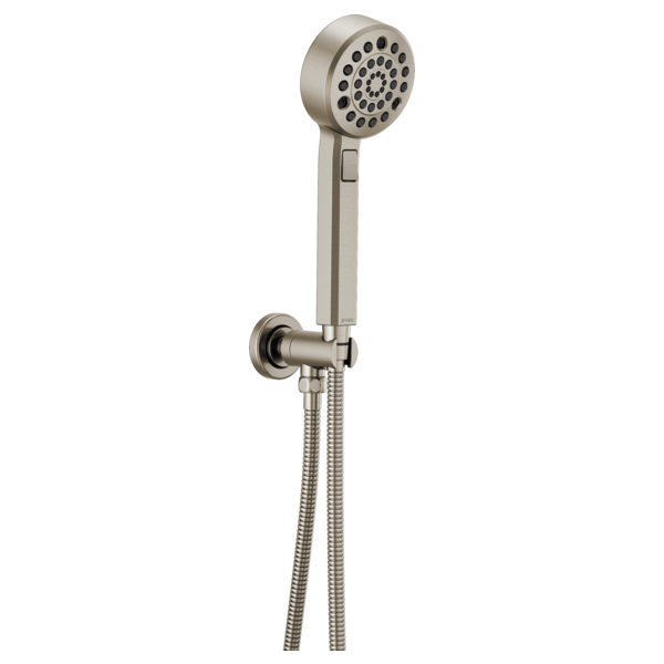 Brushed nickel wall-mount handshower with circular showerhead, adjustable holder, and flexible hose connection.