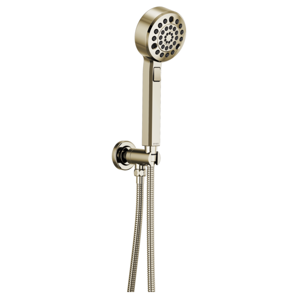Champagne bronze wall-mounted handshower with circular showerhead, control lever, and flexible hose connection.