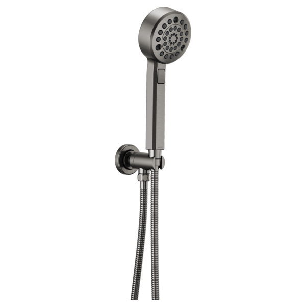 Chrome wall-mount handshower with multiple spray holes, attached handle, and flexible hose on white background.