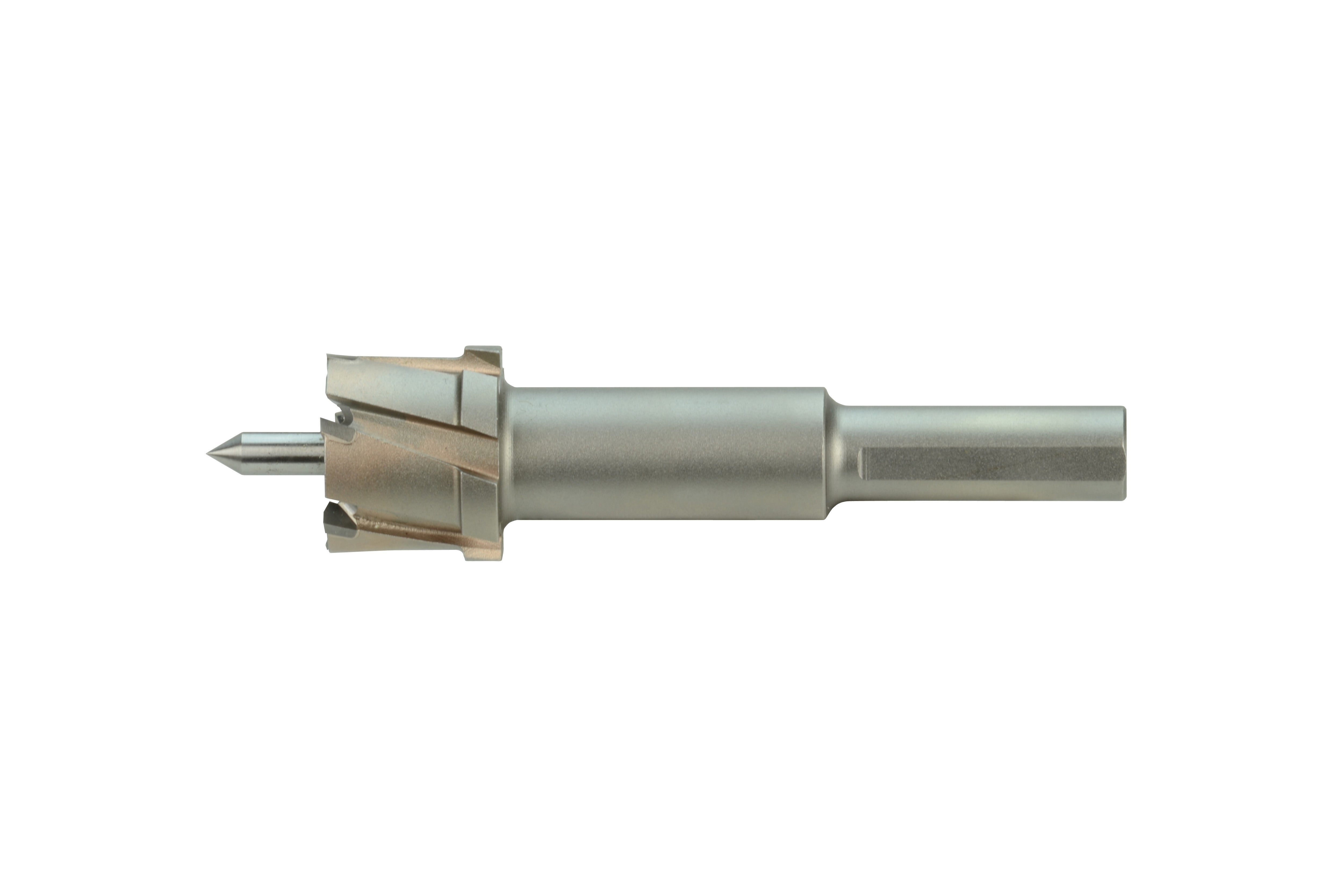 Steel hole cutter with cylindrical shank and cutting head featuring flutes and center point.
