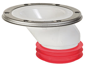 White PVC closet flange with red rubber gasket rings and metal mounting collar.