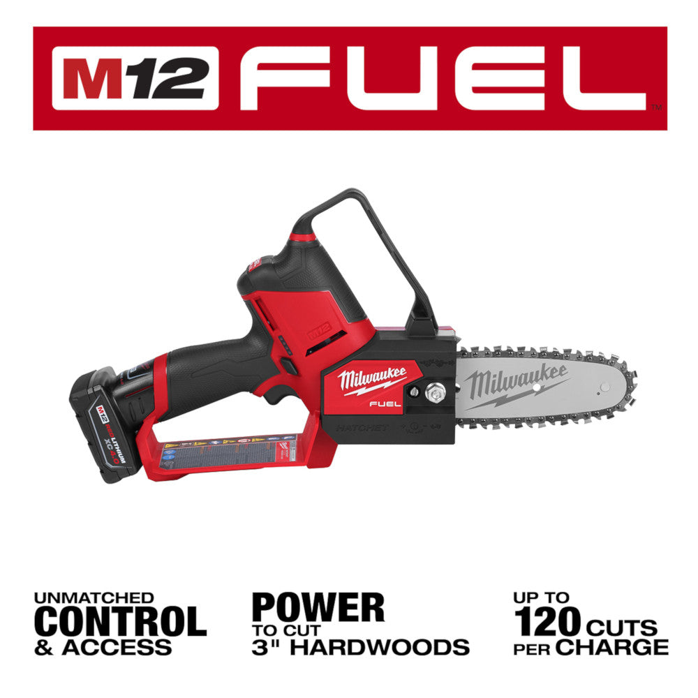 Milwaukee M12 FUEL cordless pruning saw with 6-inch chain bar, red and black body, includes battery and charger.