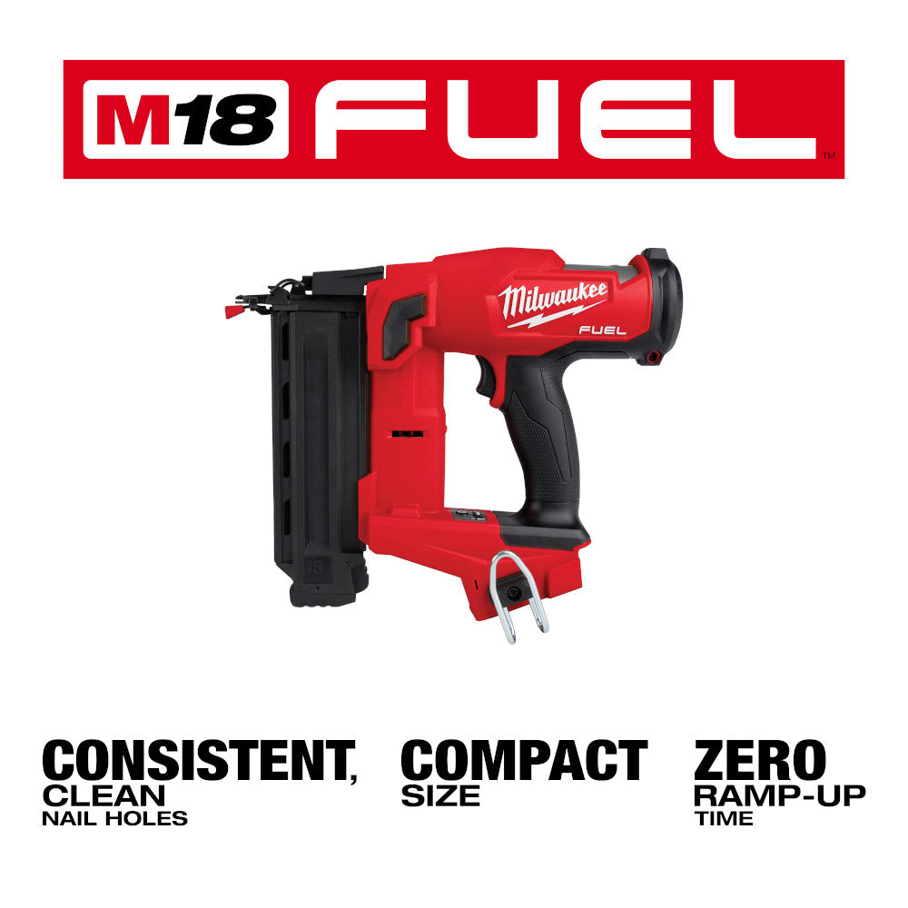 Milwaukee M18 FUEL red and black cordless brad nailer with magazine and grip.
