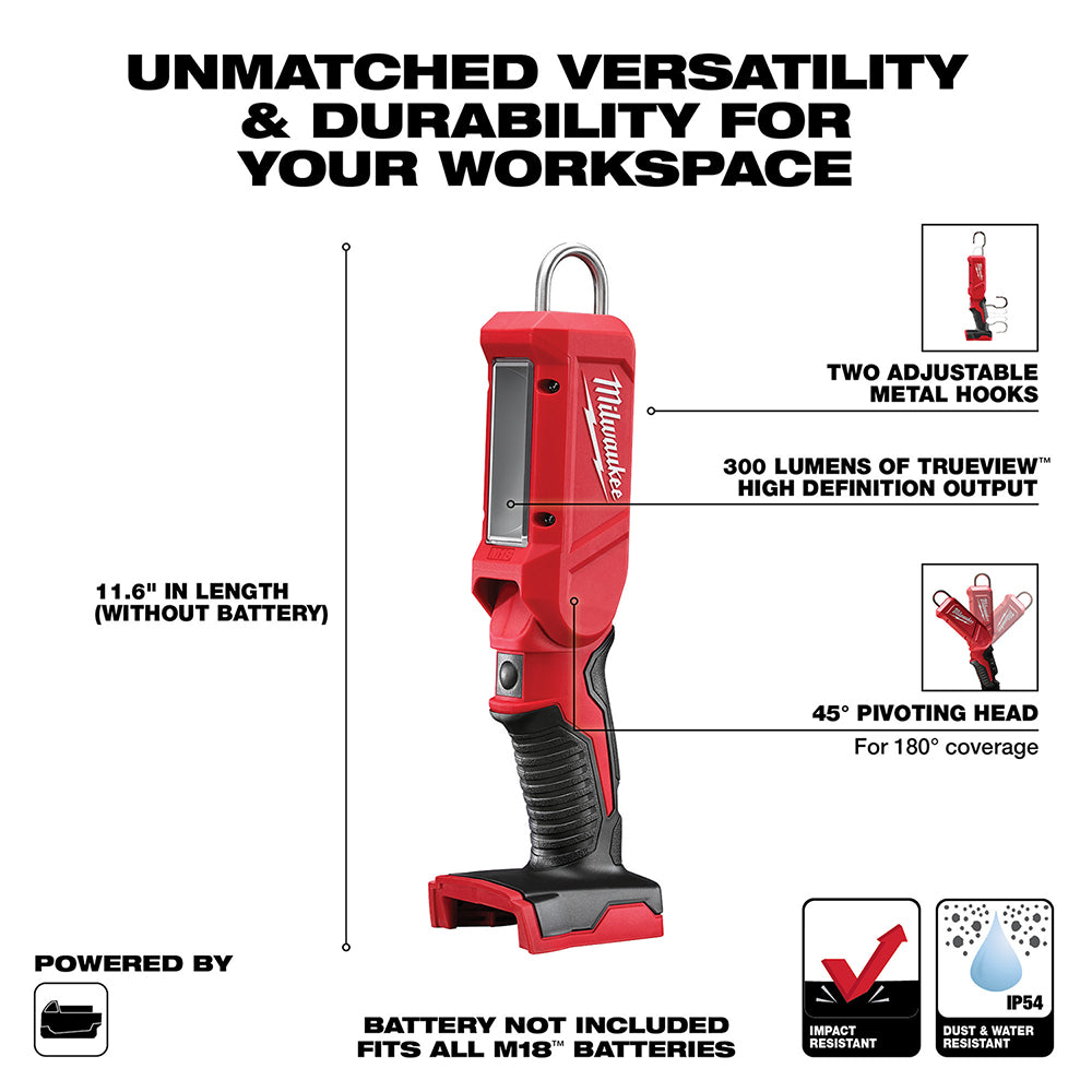 Milwaukee M18 red LED stick light with black grip, pivoting head, and two metal hanging hooks.