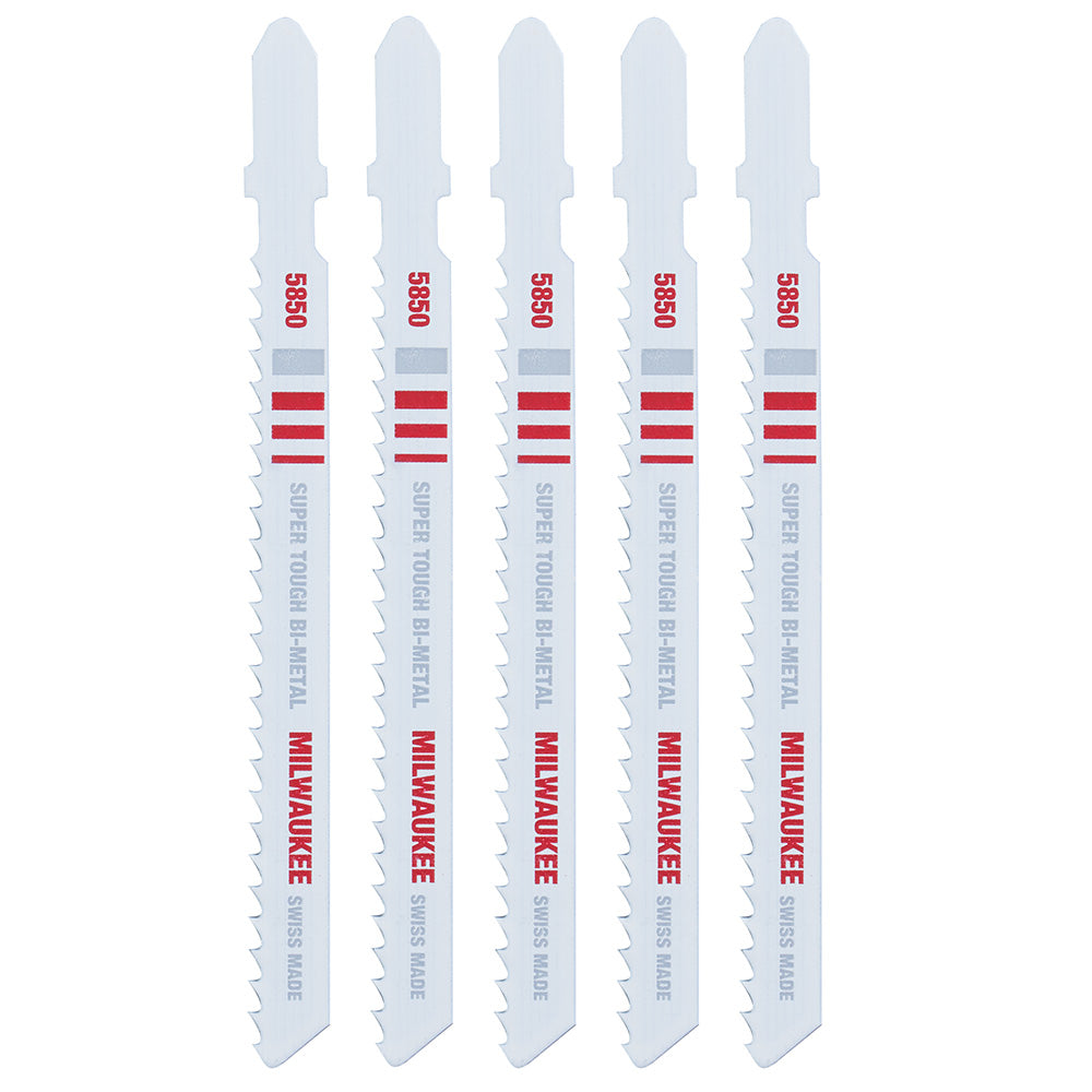 Five white bi-metal jig saw blades with red and gray bands and serrated cutting edges.