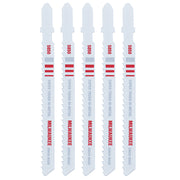 Five white bi-metal jig saw blades with red and gray bands and serrated cutting edges.