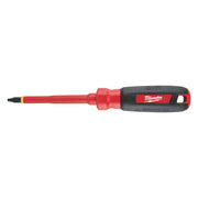 Red and black insulated screwdriver with Phillips head tip and Milwaukee branding on handle.