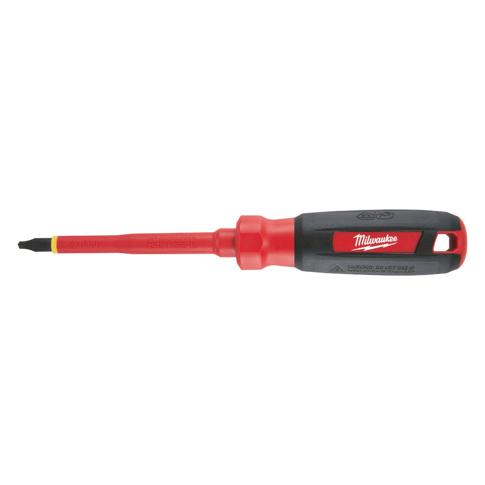 Red and black insulated screwdriver with Phillips head tip and Milwaukee branding on handle.