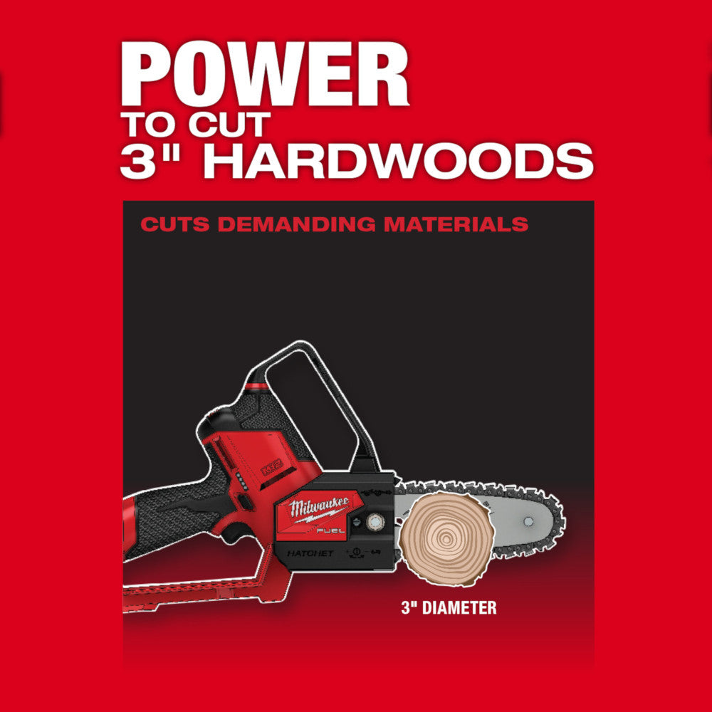 Milwaukee M12 FUEL red and black cordless pruning saw with 3-inch chain bar and cross-section of wood showing cutting capabil
