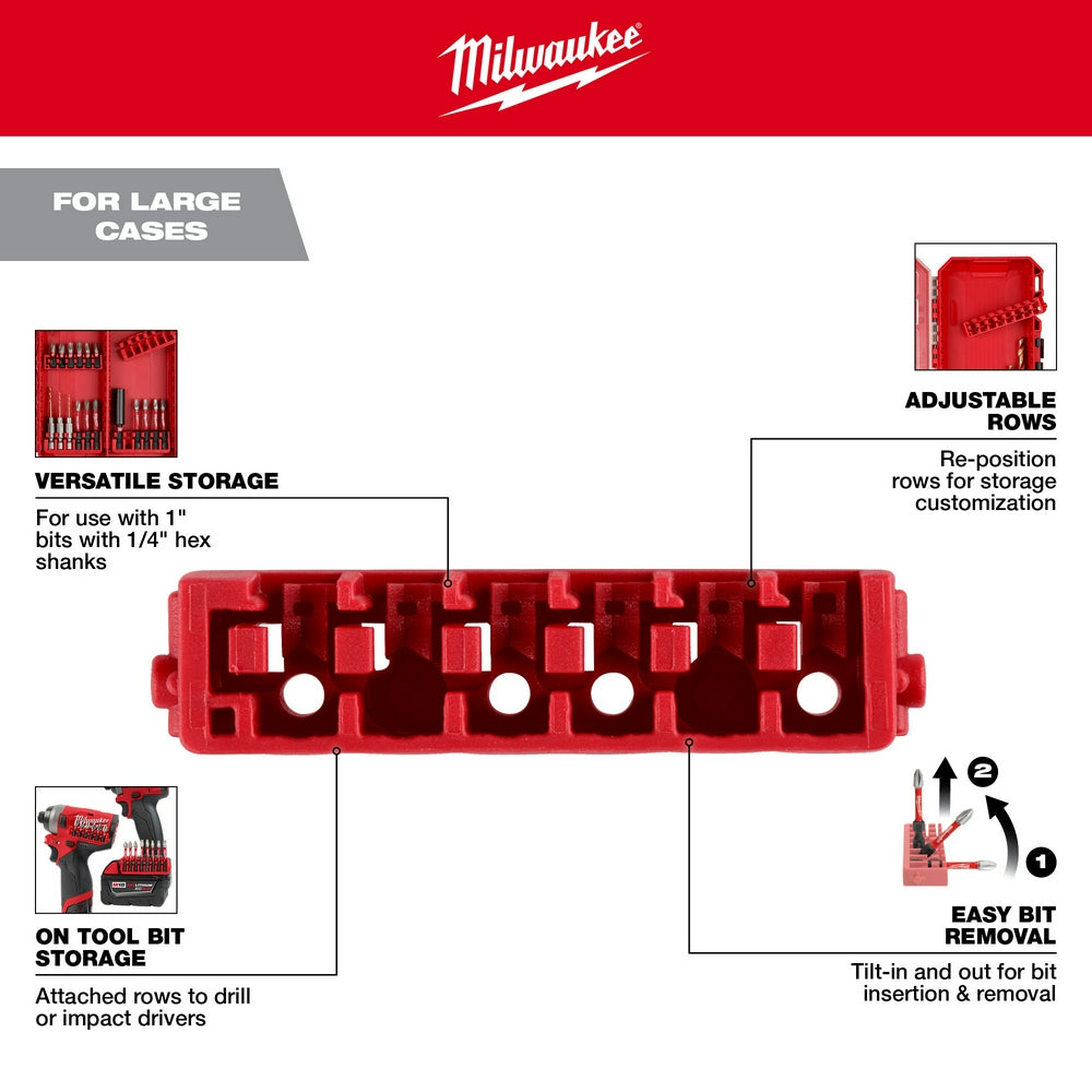 Five red plastic storage rows with adjustable compartments for 1" drill bits with 1/4" hex shanks.