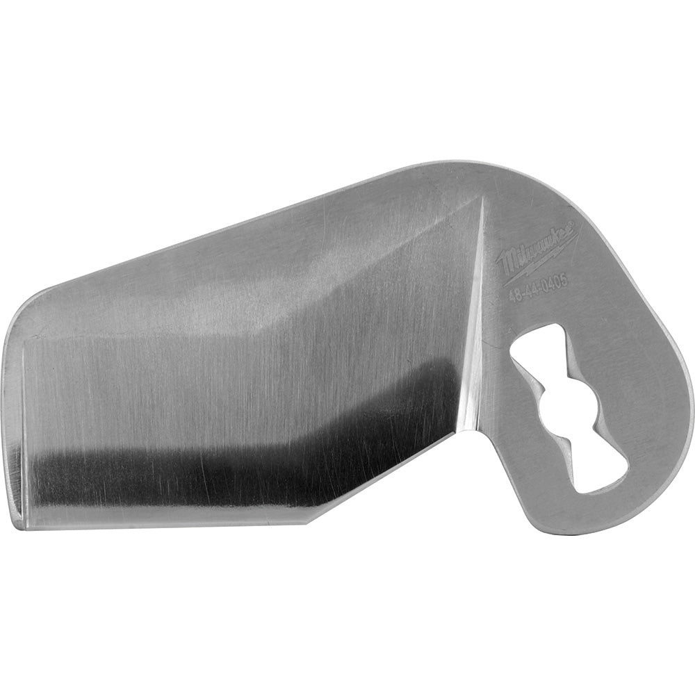 Metal pipe shear blade with curved cutting edge and mounting hole for M12 tool attachment.