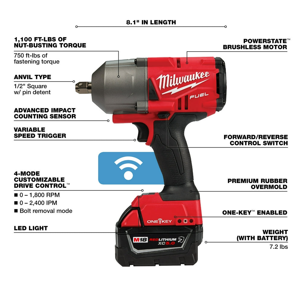 Milwaukee M18 FUEL 1/2" pin detent impact wrench with red body, black grip, and battery pack shown with specification callout