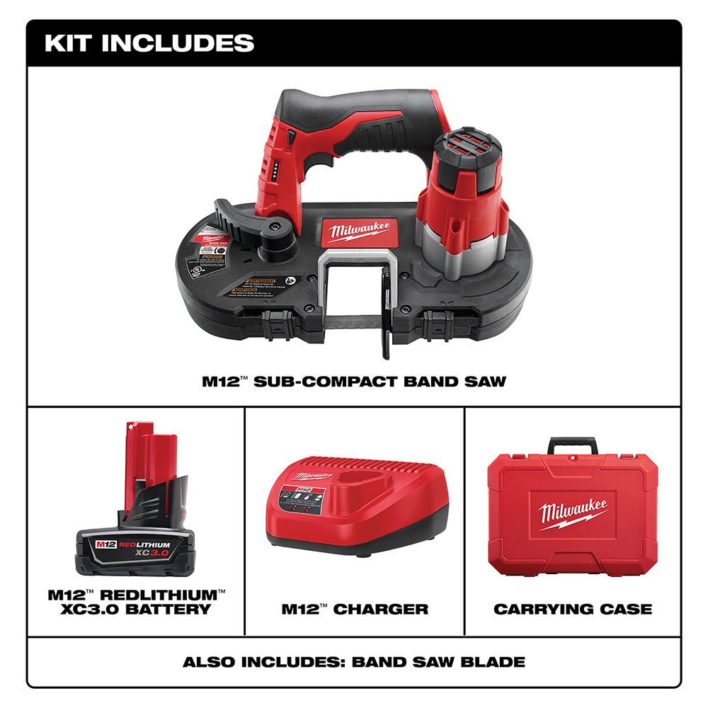Red and black M12 cordless sub-compact band saw with battery, charger, and carrying case.
