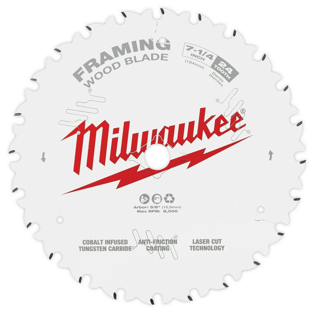 Milwaukee 7-1/4" circular saw blade with 24 teeth, white with red logo and black tooth tips.