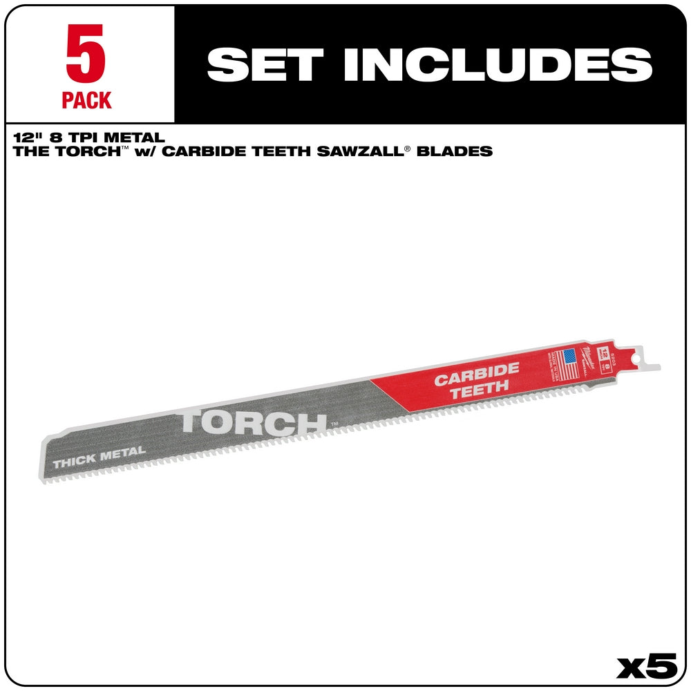 Five 12-inch SAWZALL blades with carbide teeth and red handles labeled "The TORCH" for metal cutting.