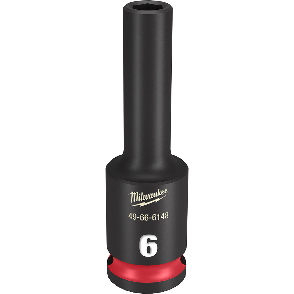 Black Milwaukee deep socket with 6MM size marking, red grip band at base, and 3/8" drive connection.