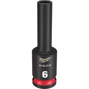 Black Milwaukee deep socket with 6MM size marking, red grip band at base, and 3/8" drive connection.