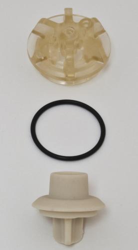 Vacuum breaker repair kit with tan plastic housing components and black rubber ring seal.