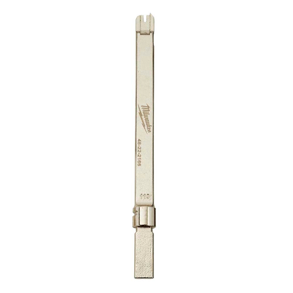 Milwaukee extended 110 punchdown blade with dual-prong tip and metal band connector on beige handle.