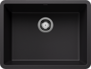 Black composite kitchen sink with single basin and chrome drain assembly.