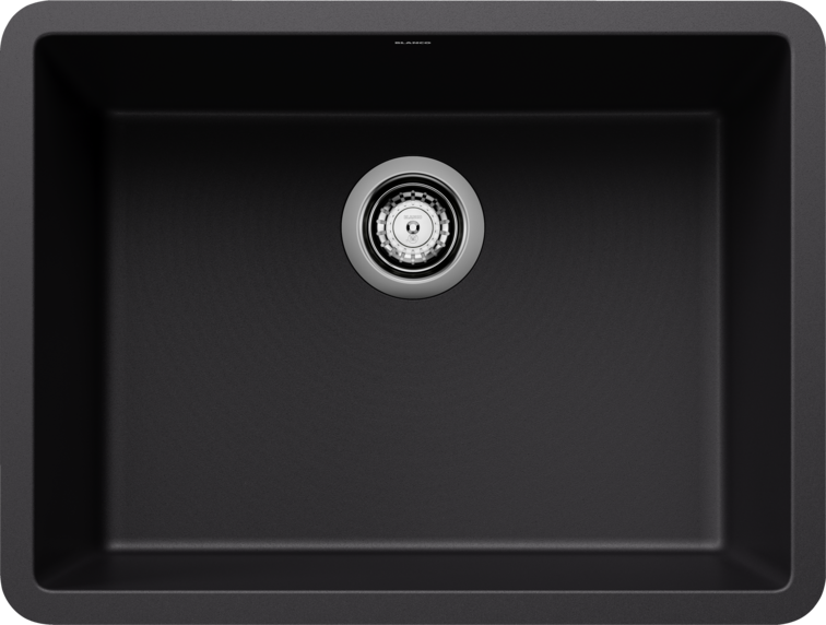 Black composite kitchen sink with single basin and chrome drain assembly.