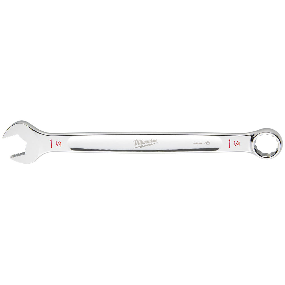 Silver combination wrench with open and ring ends, marked 1 1/4 on both sides.