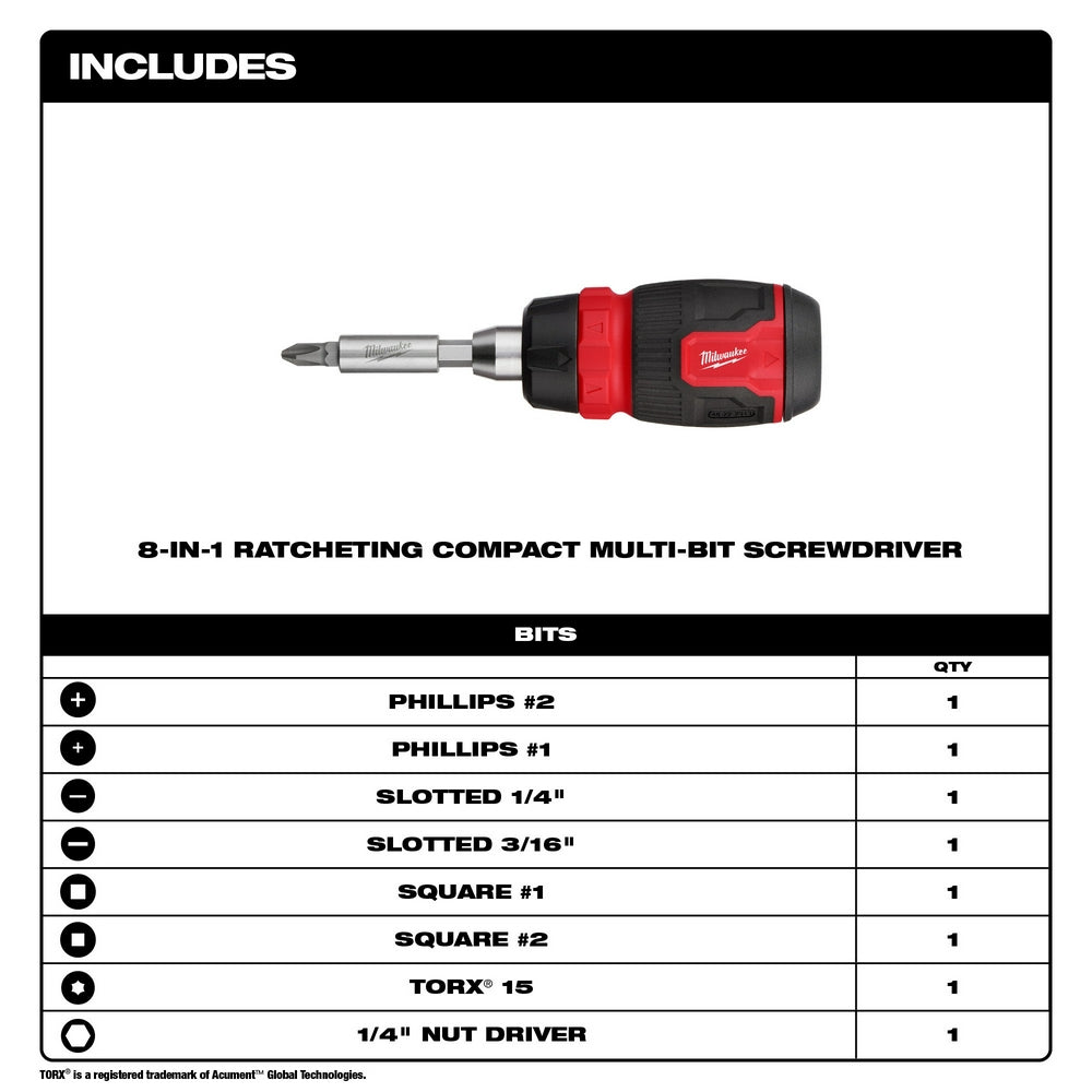 Milwaukee ratcheting multi-bit screwdriver with red and black handle and eight interchangeable bits including Phillips, slott