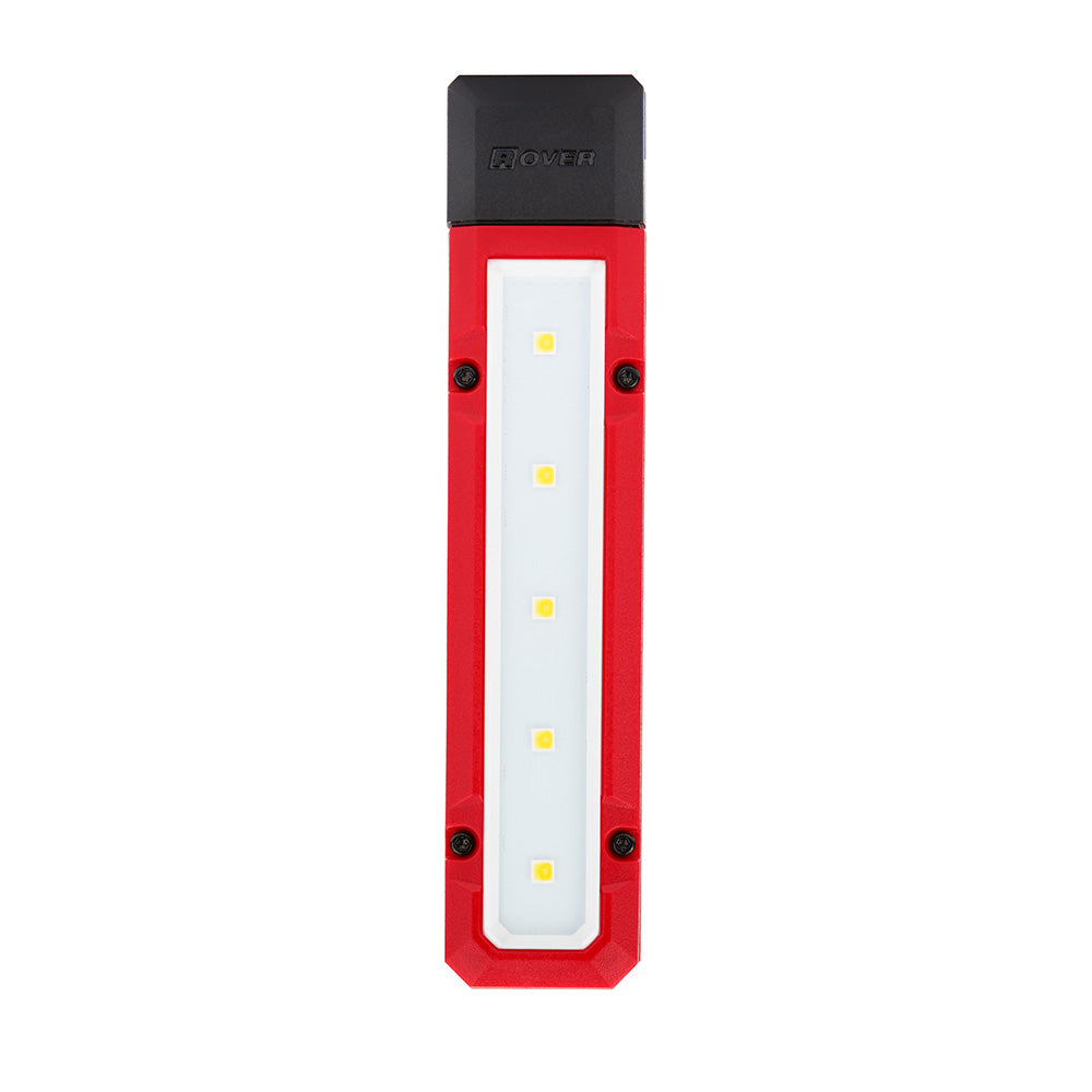 Red and black rectangular LED work light with white panel containing five yellow LED bulbs.