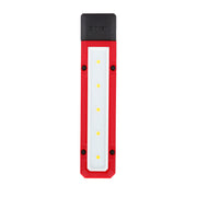 Red and black rectangular LED work light with white panel containing five yellow LED bulbs.