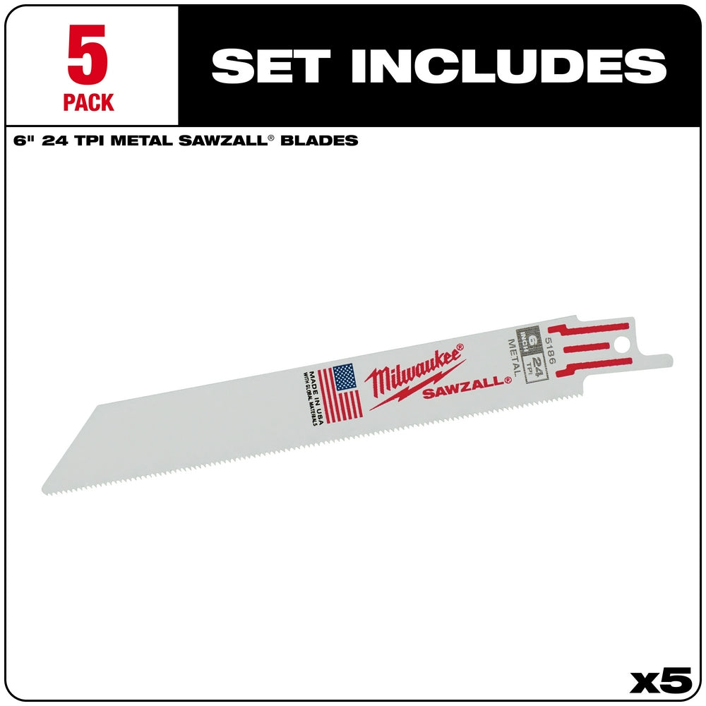 Milwaukee 6-inch metal cutting SAWZALL blade with 24 teeth per inch and red mounting bracket, five-pack.