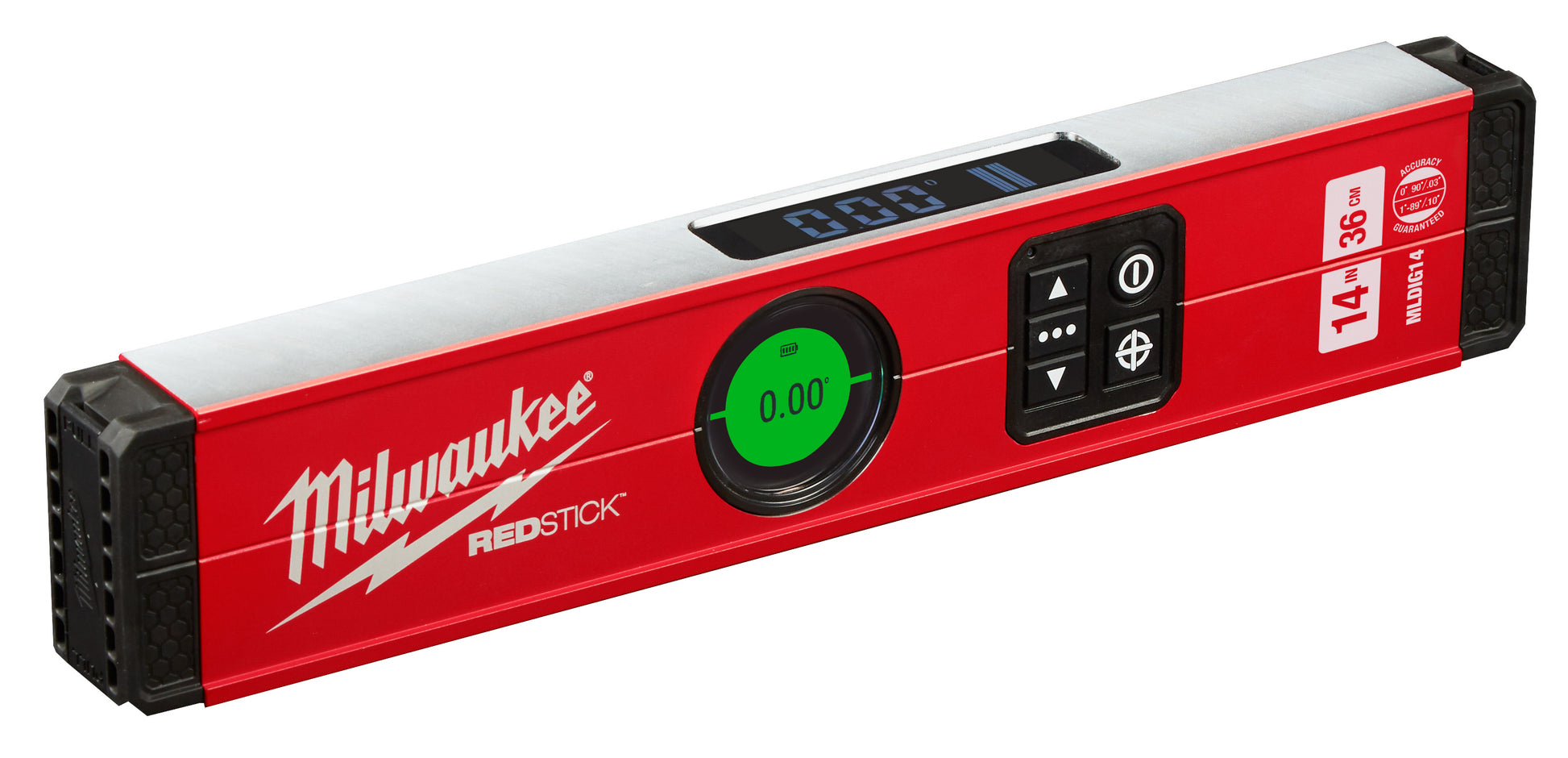 Red and black digital level with green circular display showing 0.00, control buttons, and white measurement scale on top.