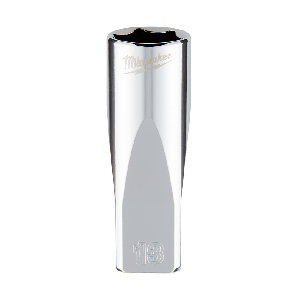Chrome deep socket with Milwaukee branding and "13" marking, 1/4 inch drive, 6-point hexagonal opening.