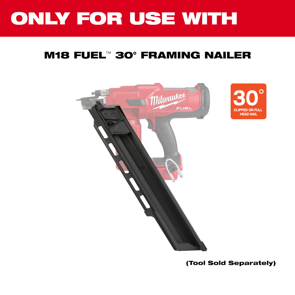 Black extended capacity magazine for Milwaukee M18 FUEL 30-degree framing nailer with mounting slots.