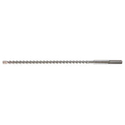 Long metallic SDS-Max drill bit with four spiral flutes and cylindrical shank on white background.
