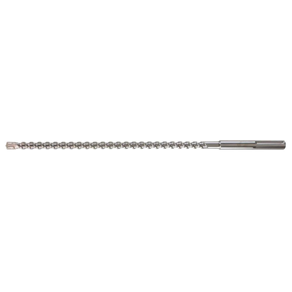 Long metallic SDS-Max drill bit with four spiral flutes and cylindrical shank on white background.