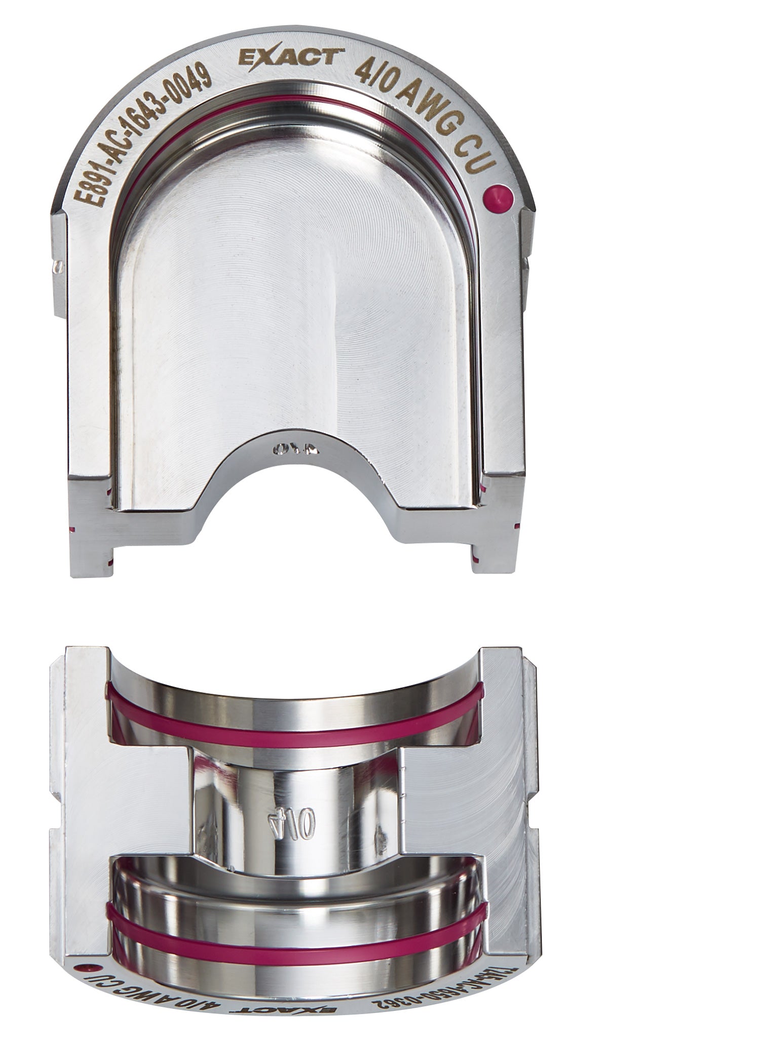 Milwaukee EXACT 4/0 copper U-style die with labeled specifications and interchangeable curved die segments with purple bands.