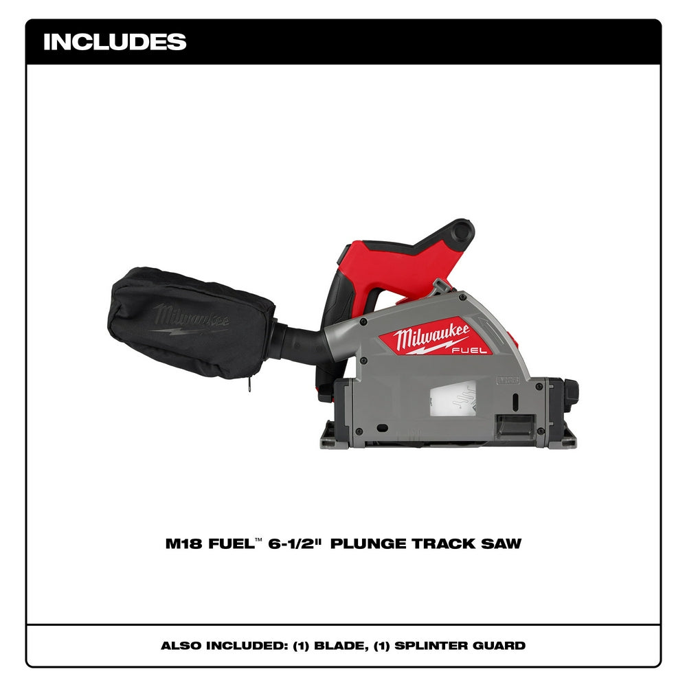 M18 FUEL 6-1/2" plunge track saw with red and gray body, includes carrying bag, blade, and splinter guard.