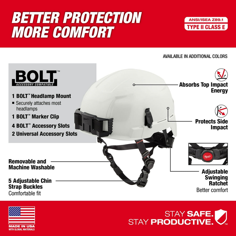 Gray hard hat helmet with black chin straps and BOLT accessory mounting system compatible hardware visible.