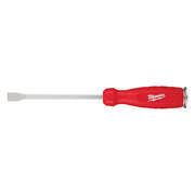 Milwaukee chisel with red handle and flat metal blade.