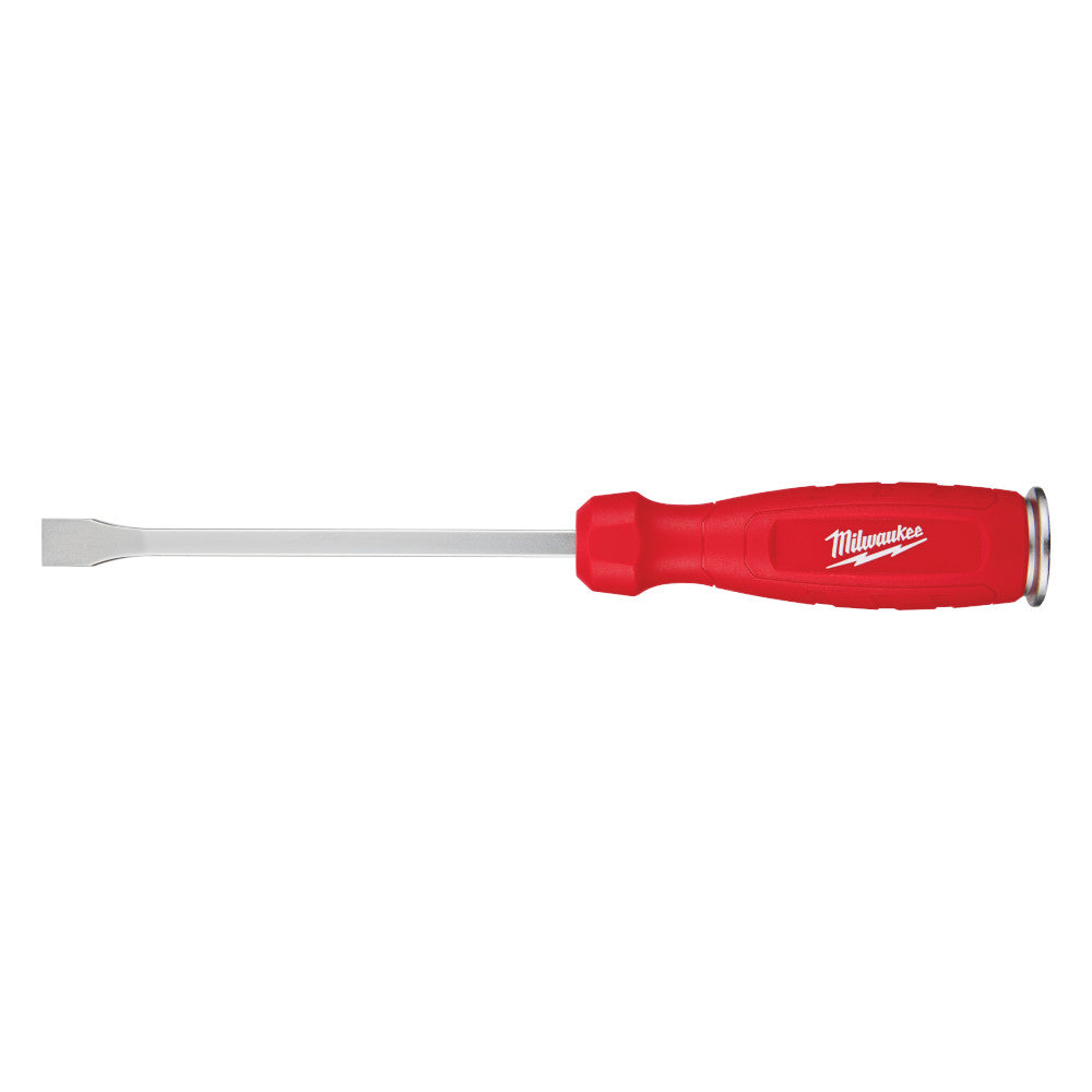 Milwaukee chisel with red handle and flat metal blade.