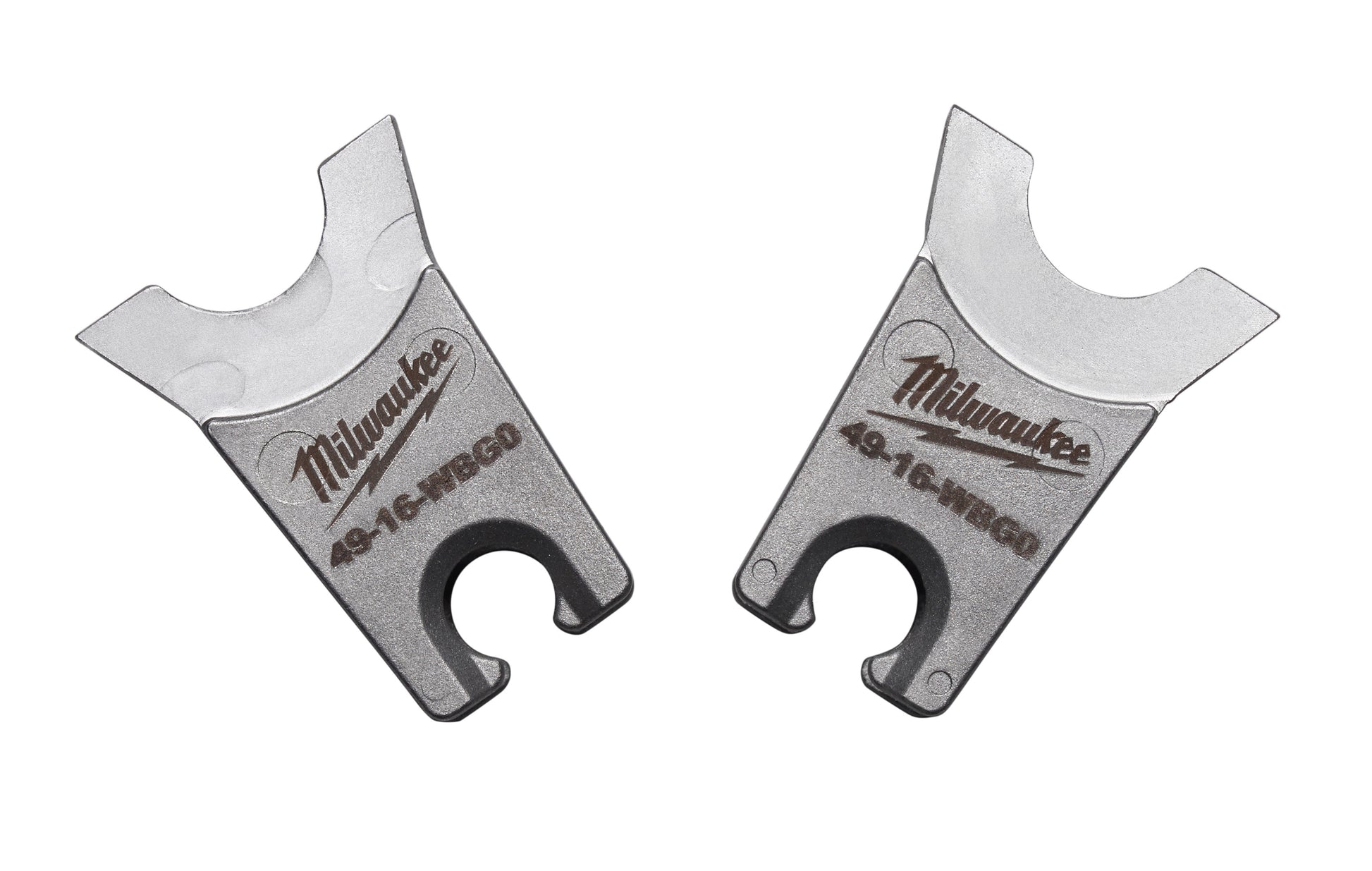 Milwaukee W-style die set with two metal jaws featuring open slots and curved upper edges for bending applications.