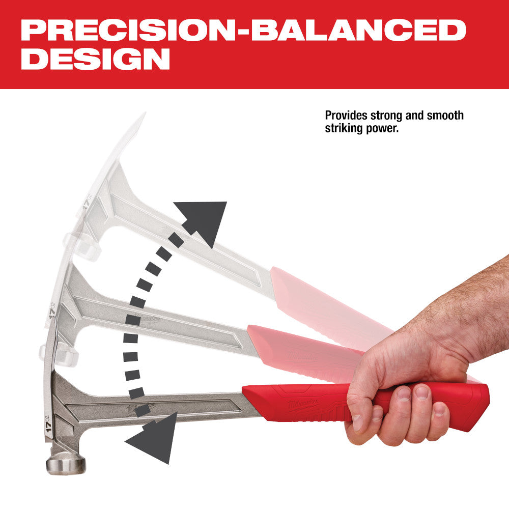Milwaukee 17 oz framing hammer with smooth face, red grip handle, held in hand showing balanced design.