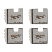 Four metal threading dies with serrated edges, Milwaukee logo and "NPT ALLOY 1/2" markings visible on each die.