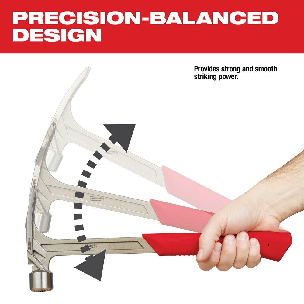 Milwaukee 28oz framing hammer with milled face, curved claw, and red handle held in hand.