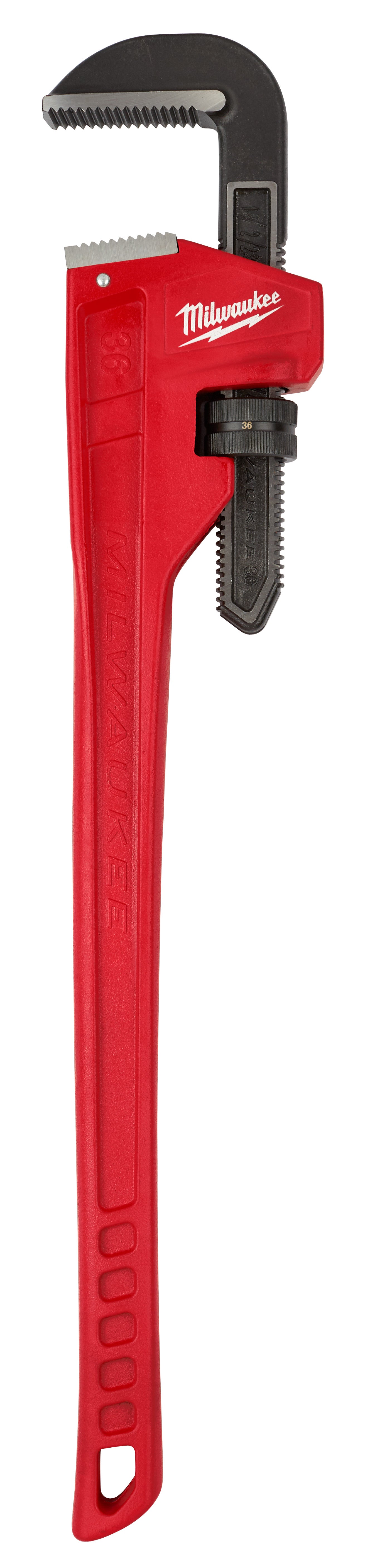 Red and black Milwaukee pipe wrench with serrated jaws and adjustment knob, 36 inches long.