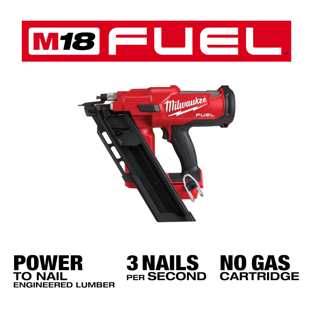 Red and black M18 FUEL cordless framing nailer with angled magazine and grip handle.