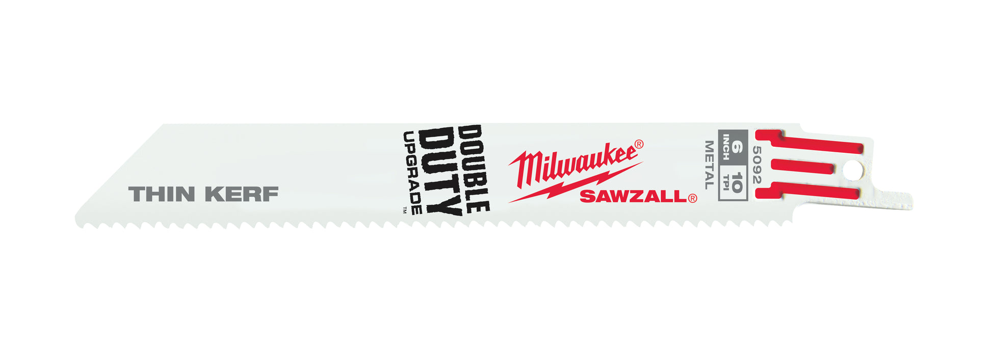 Milwaukee SAWZALL thin kerf reciprocating saw blade with 10 TPI teeth and red tang handle.